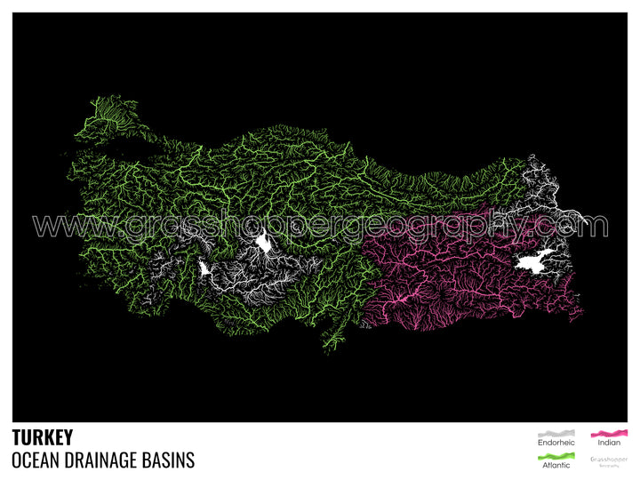 Turquia - Mapa da bacia de drenagem oceânica, preto com legenda v1 - Impressão emoldurada