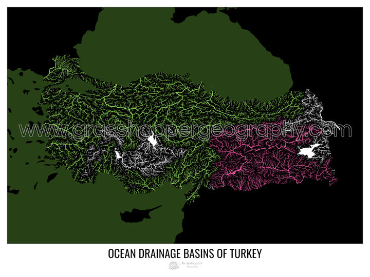 Turquía - Mapa de la cuenca hidrográfica del océano, negro v2 - Lámina enmarcada