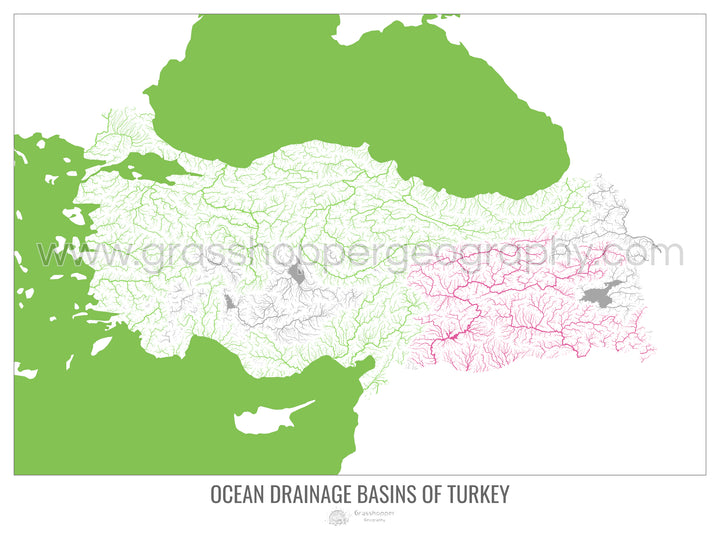 Turquía - Mapa de la cuenca hidrográfica del océano, blanco v2 - Impresión artística con colgador