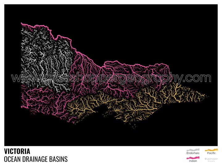 Victoria - Mapa de la cuenca hidrográfica del océano, negro con leyenda v1 - Impresión artística con colgador
