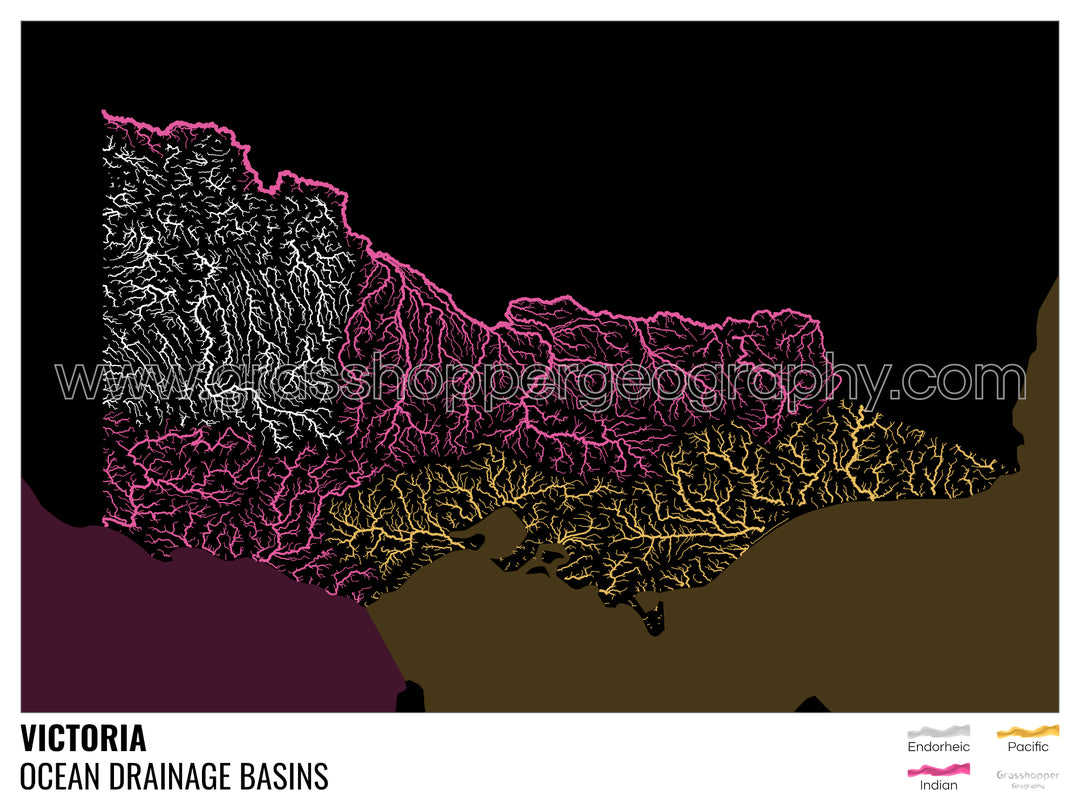 Victoria - Mapa de la cuenca hidrográfica del océano, negro con leyenda v2 - Lámina enmarcada