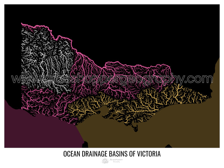 Victoria - Carte du bassin versant océanique, noir v2 - Tirage d'art avec cintre