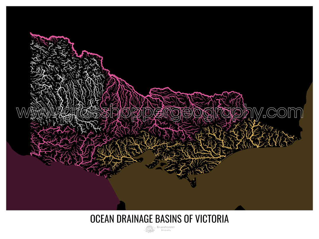 Victoria - Carte du bassin versant océanique, noir v2 - Impression encadrée