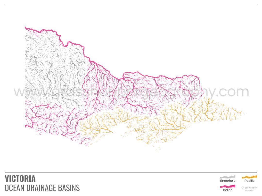 Victoria - Ocean drainage basin map, white with legend v1 - Framed Print