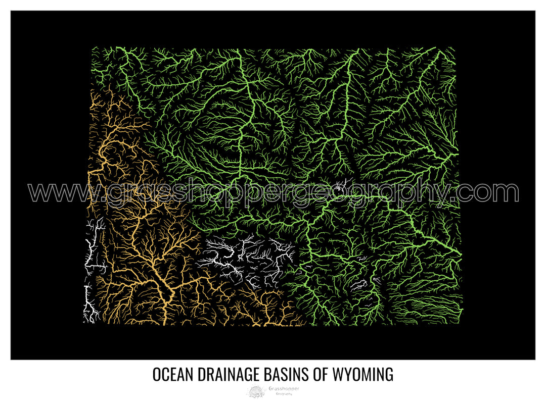 Wyoming - Mapa de la cuenca hidrográfica del océano, negro v1 - Impresión artística con colgador