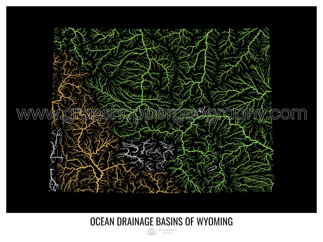 Wyoming - Carte du bassin versant océanique, noir v1 - Impression encadrée