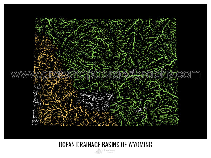 Wyoming - Carte du bassin versant océanique, noir v1 - Impression encadrée