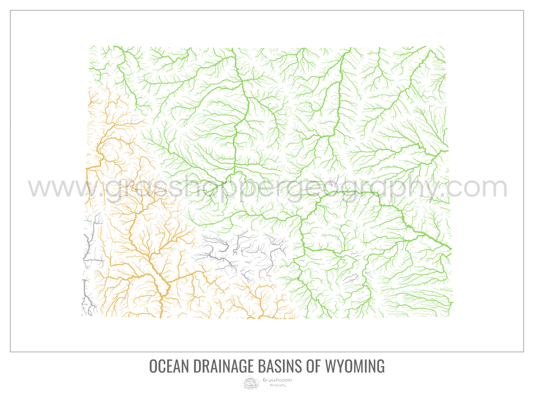Wyoming - Mapa de la cuenca de drenaje oceánico, blanco v1 - Impresión artística con colgador