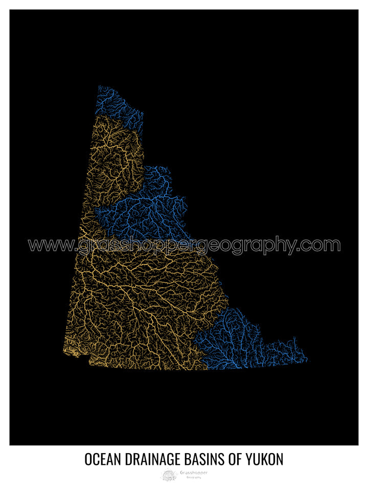 Yukon - Mapa de la cuenca de drenaje oceánico, negro v1 - Impresión artística con percha