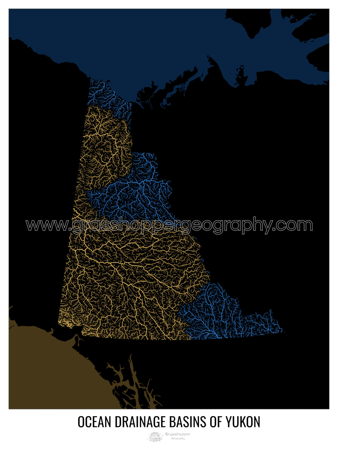 Yukon - Mapa de la cuenca de drenaje del océano, negro v2 - Impresión artística con percha