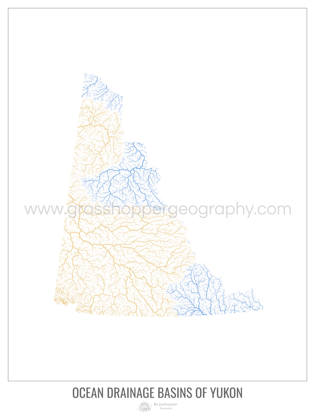 Yukon - Mapa de la cuenca de drenaje oceánico, blanco v1 - Lámina enmarcada