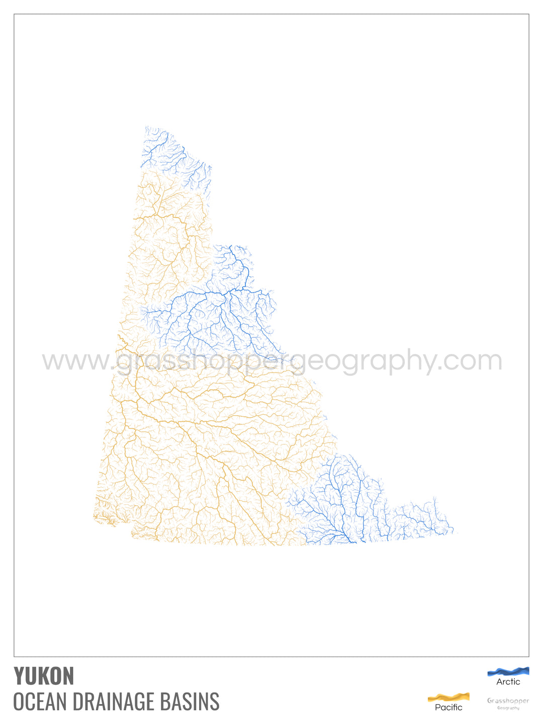 Yukon - Mapa de la cuenca hidrográfica del océano, blanco con leyenda v1 - Impresión artística con colgador