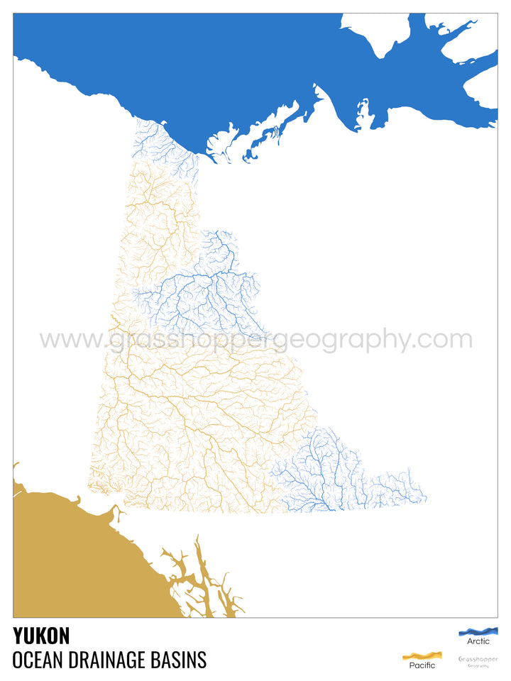 Yukon - Carte du bassin versant océanique, blanche avec légende v2 - Tirage d'art avec cintre