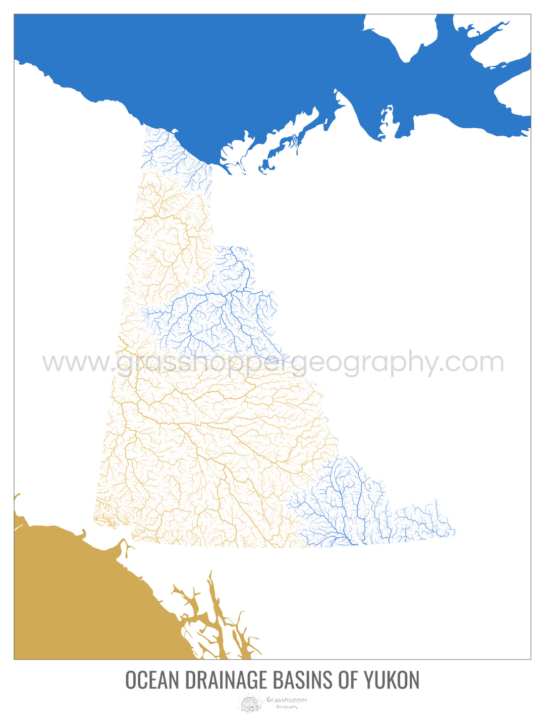 Yukon - Carte du bassin versant océanique, blanc v2 - Tirage d'art avec cintre