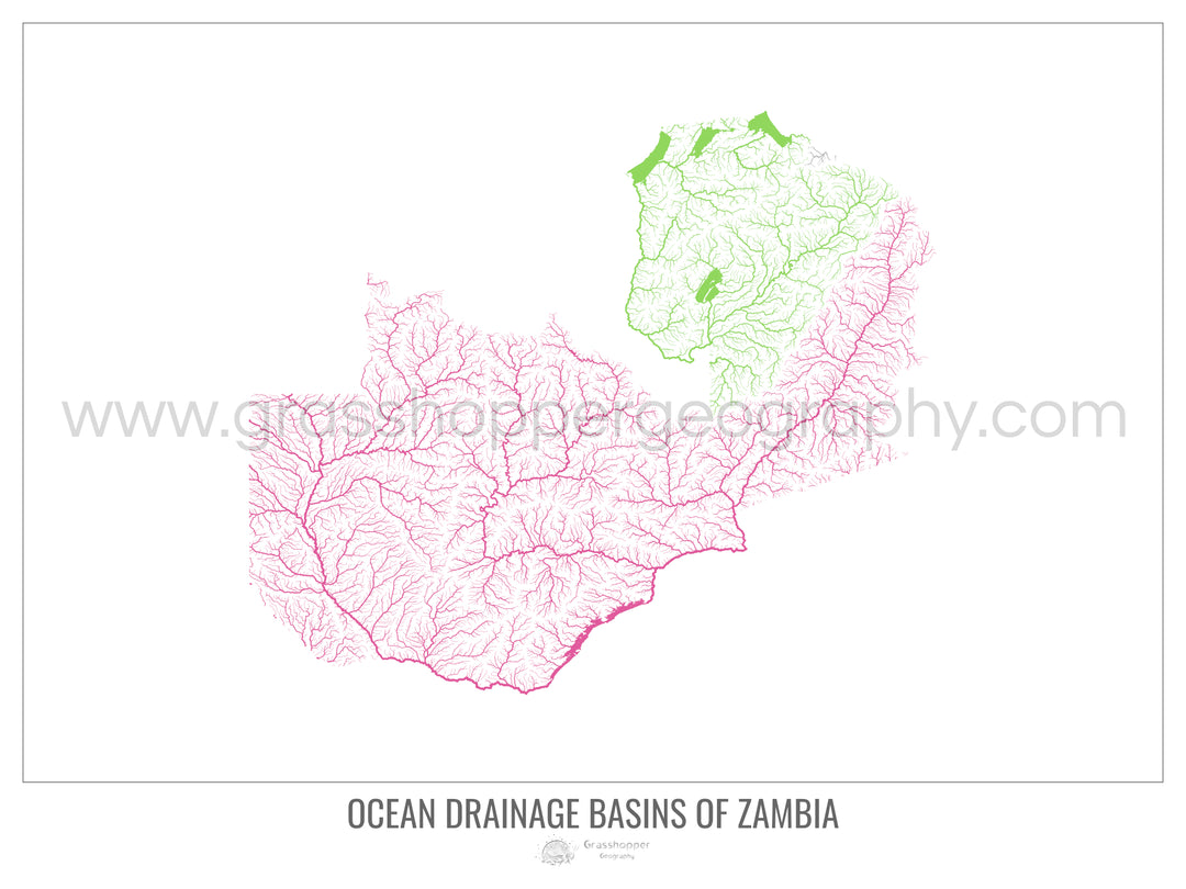 Zambia - Mapa de la cuenca hidrográfica del océano, blanco v1 - Impresión artística con colgador