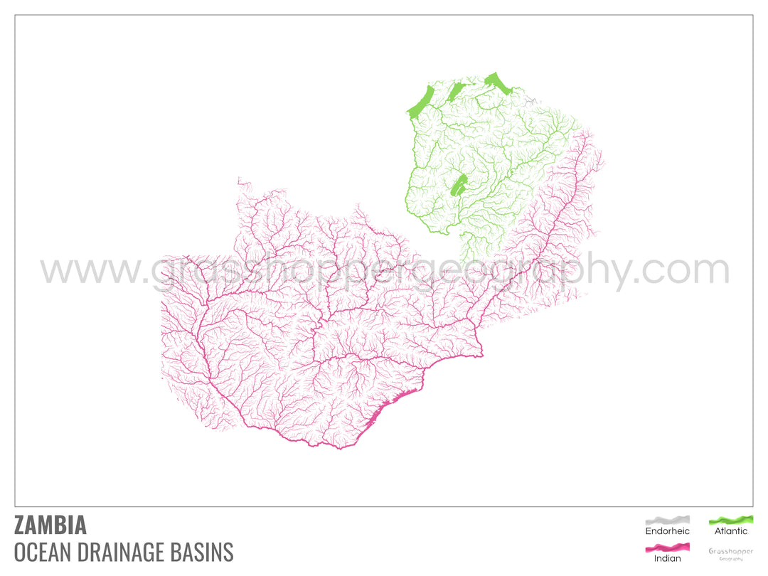 Zambie - Carte du bassin versant océanique, blanche avec légende v1 - Tirage d'art avec cintre