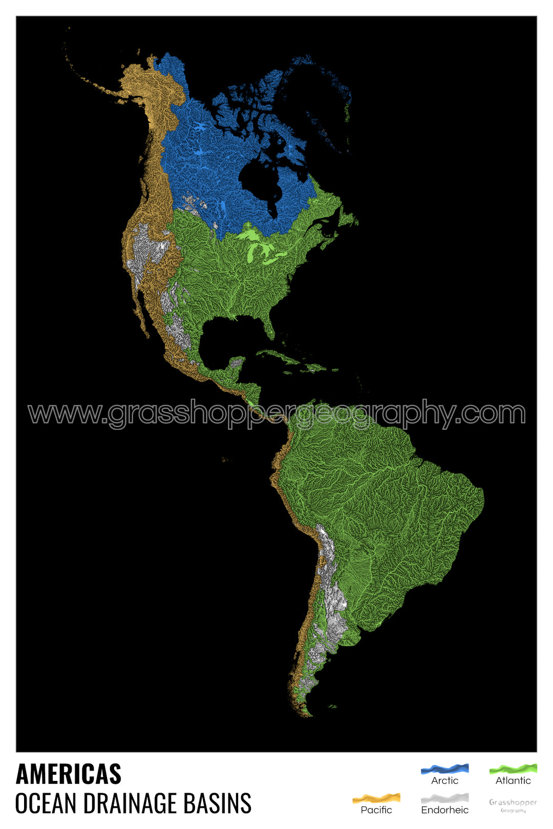 The Americas - Ocean drainage basin map, black with legend v1 - Framed Print