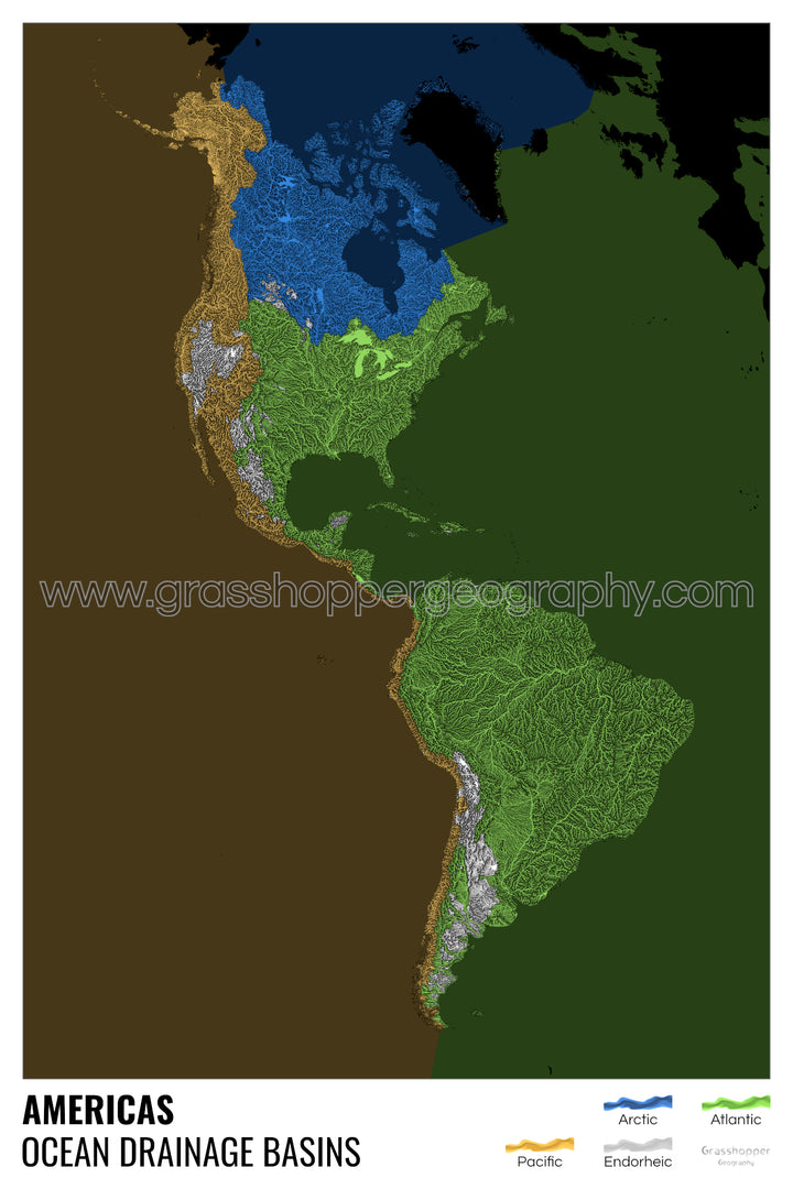 Les Amériques - Carte des bassins versants océaniques, noire avec légende v2 - Tirage d'art avec cintre