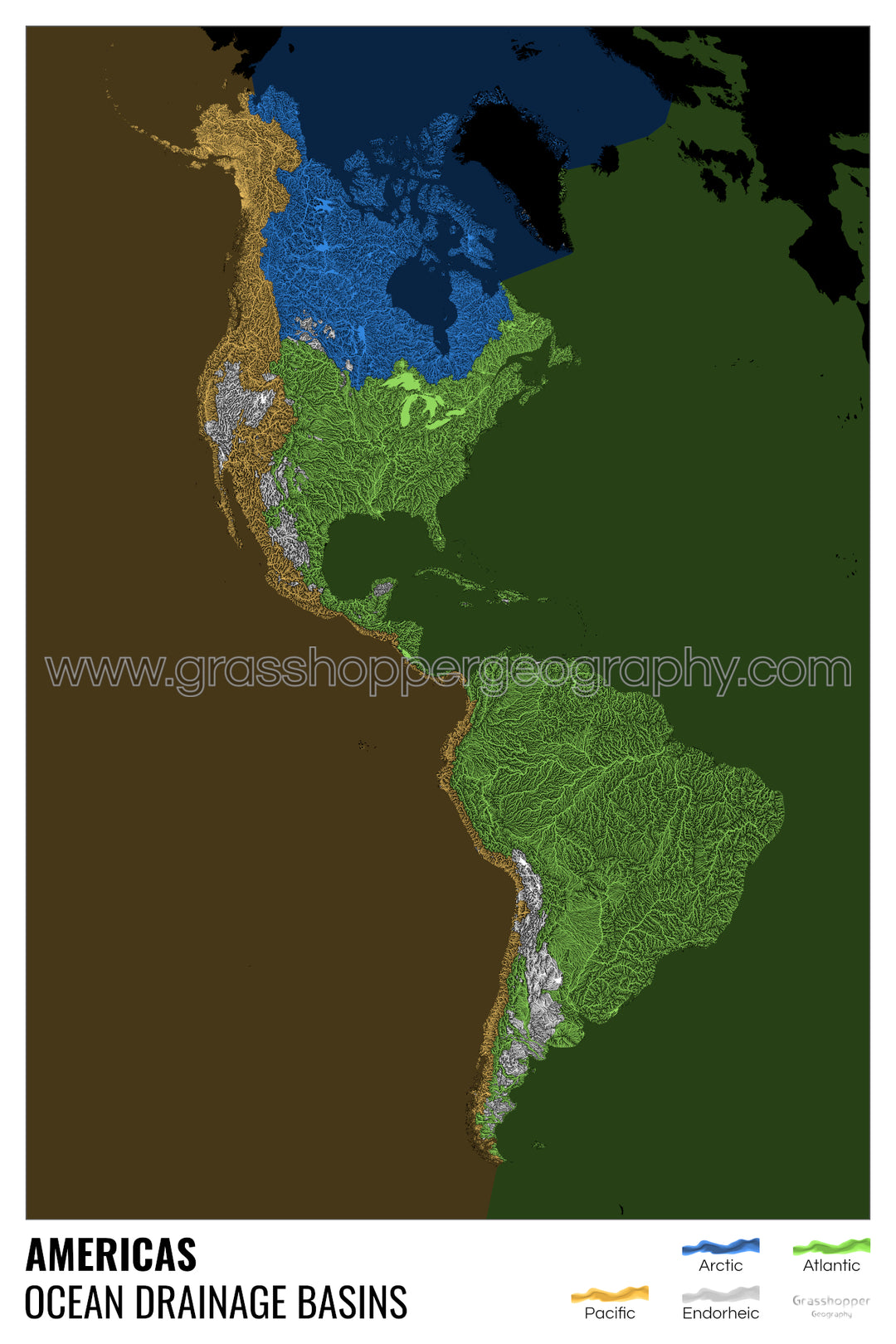 América - Mapa de la cuenca hidrográfica del océano, negro con leyenda v2 - Lámina enmarcada