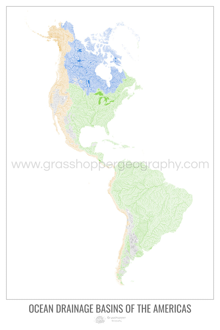 美洲 - 海洋流域地图，白色 v1 - 带挂钩的精美艺术印刷品
