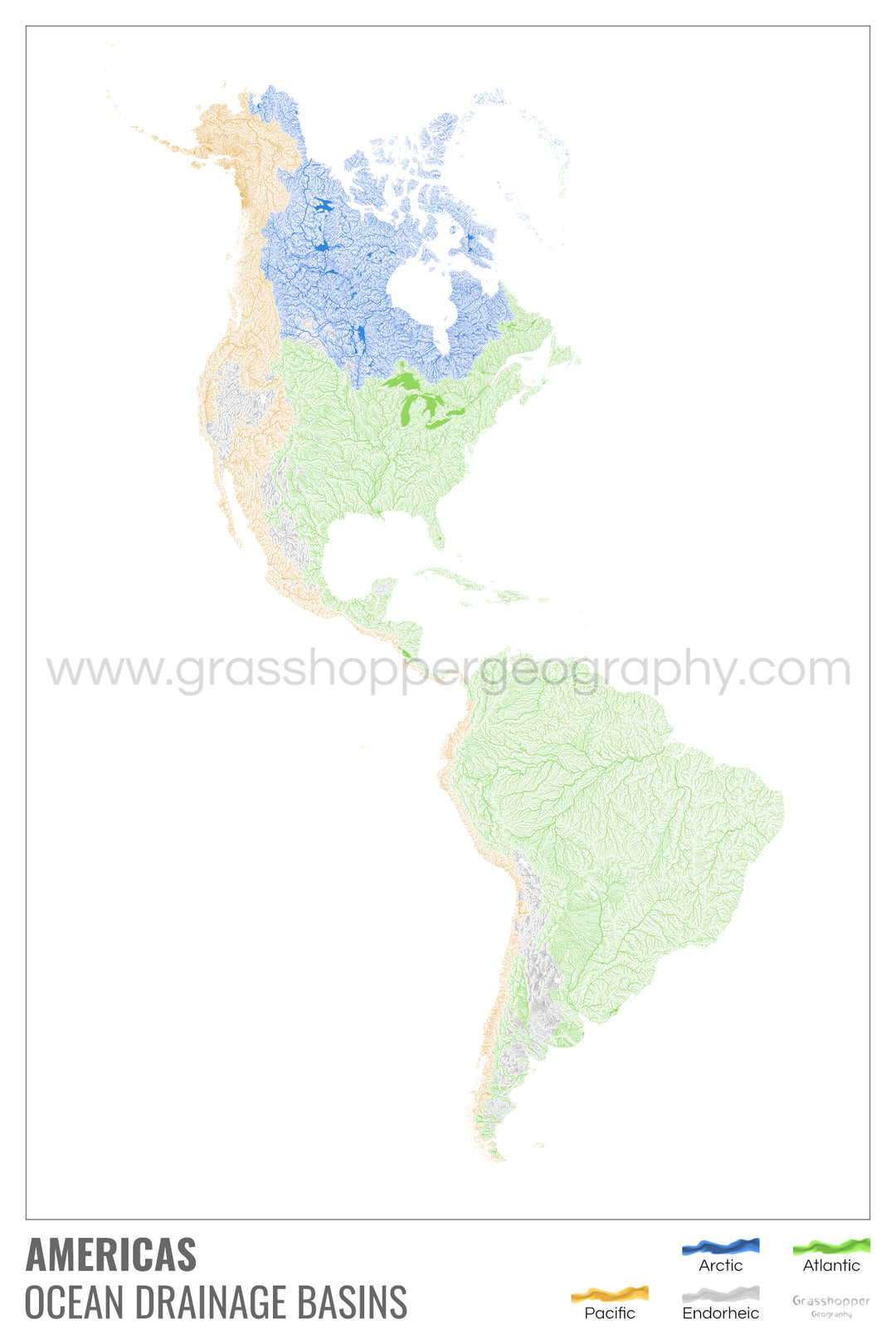 Les Amériques - Carte des bassins versants océaniques, blanche avec légende v1 - Tirage d'art avec cintre