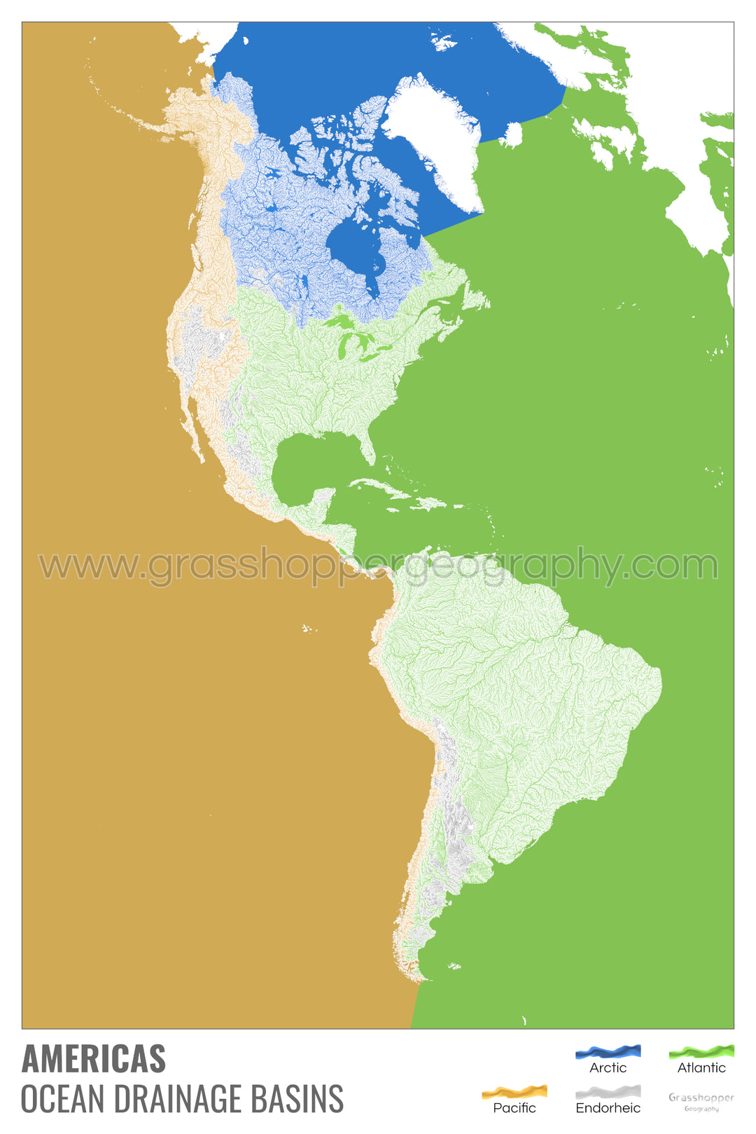 Les Amériques - Carte des bassins versants océaniques, blanche avec légende v2 - Tirage d'art avec cintre
