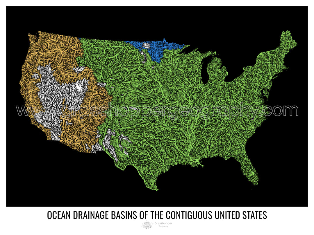 アメリカ合衆国 - 海洋排水流域地図、黒 v1 - 額入りプリント