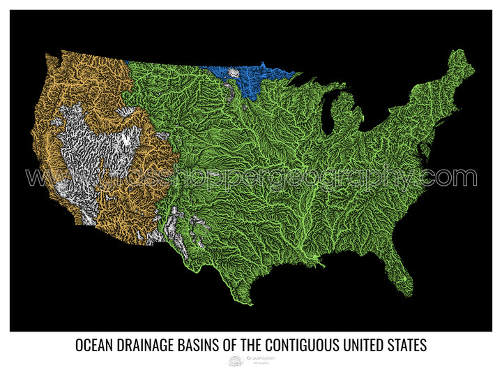アメリカ合衆国 - 海洋排水流域地図、黒 v1 - 額入りプリント