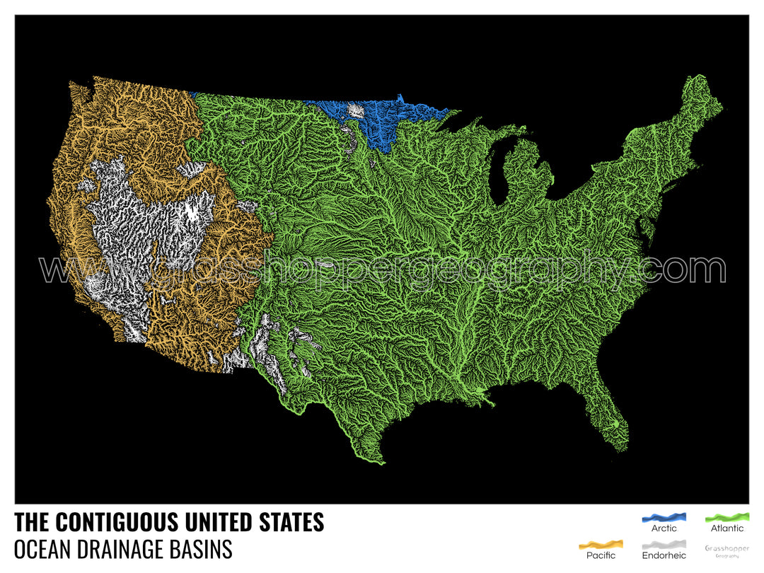 The United States - Ocean drainage basin map, black with legend v1 - Fine Art Print with Hanger