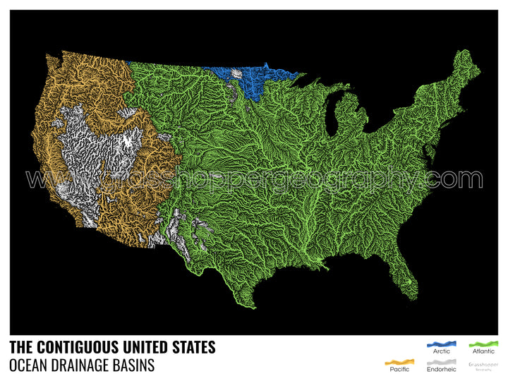 The United States - Ocean drainage basin map, black with legend v1 - Framed Print