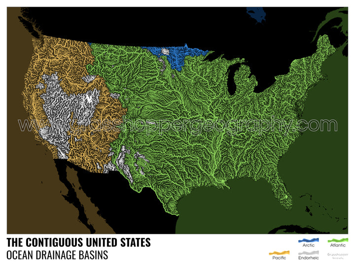 アメリカ合衆国 - 海洋排水流域地図、黒色、凡例付き v2 - ハンガー付きファインアートプリント