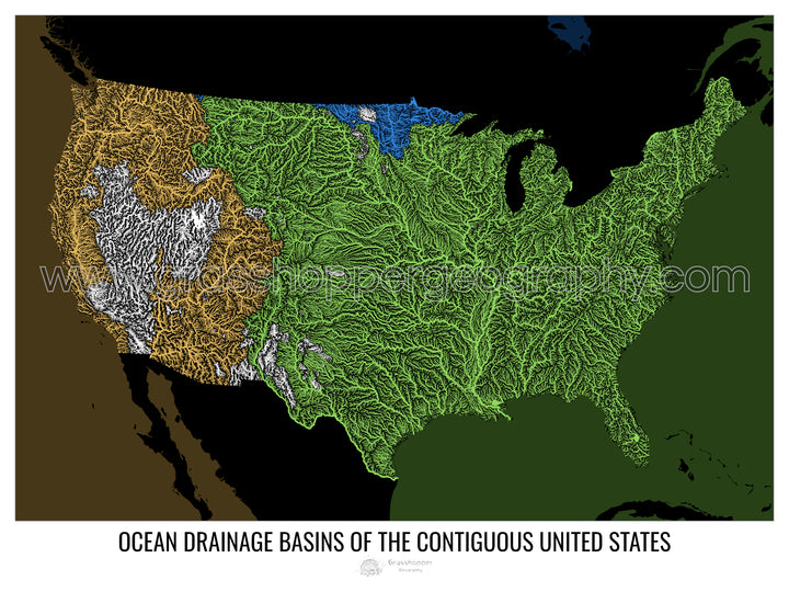 Estados Unidos - Mapa de la cuenca hidrográfica del océano, negro v2 - Impresión artística con colgador