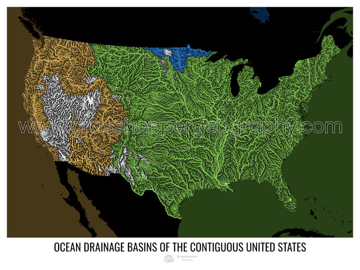アメリカ合衆国 - 海洋排水流域地図、黒 v2 - ハンガー付きファインアートプリント