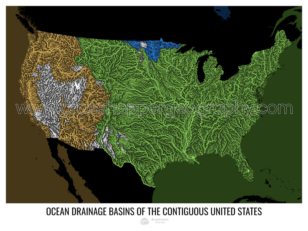 États-Unis - Carte du bassin versant océanique, noir v2 - Impression encadrée
