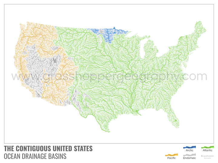 The United States - Ocean drainage basin map, white with legend v1 - Fine Art Print with Hanger