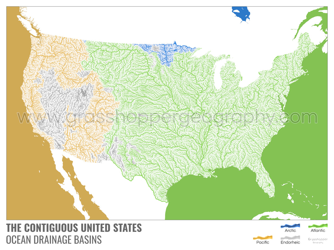 The United States - Ocean drainage basin map, white with legend v2 - Framed Print