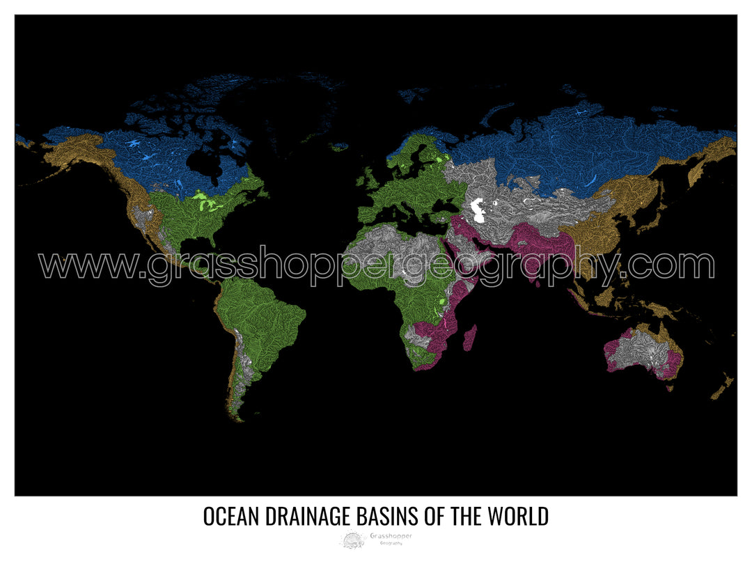 Le monde - Carte des bassins versants océaniques, noir v1 - Tirage d'art avec cintre
