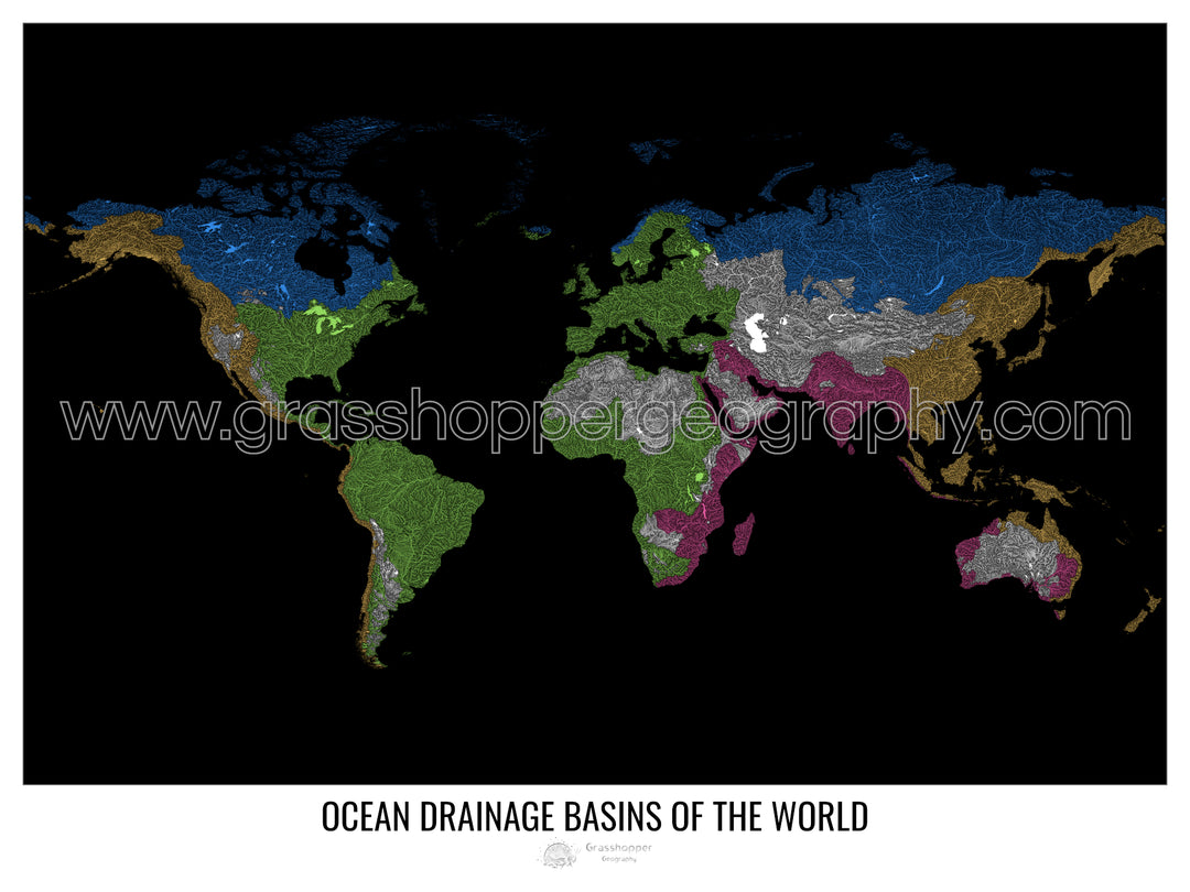 The world - Ocean drainage basin map, black v1 - Framed Print