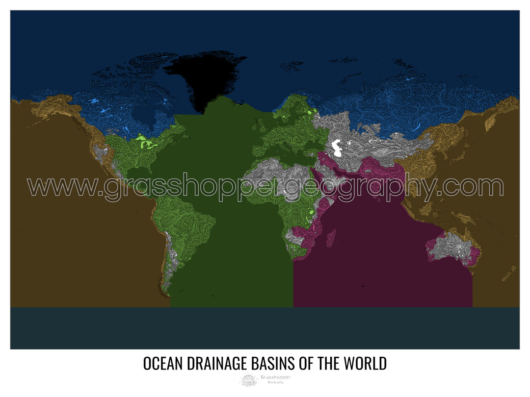 Le monde - Carte des bassins versants océaniques, noir v2 - Tirage d'art avec cintre