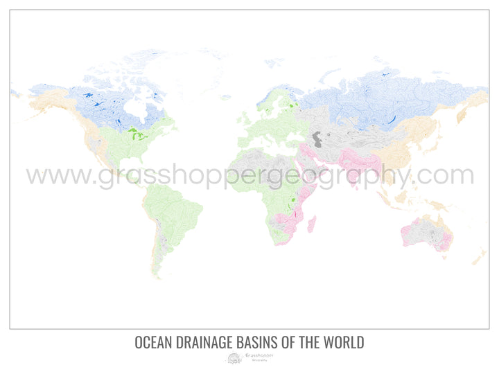 Le monde - Carte des bassins versants océaniques, blanc v1 - Tirage d'art avec cintre