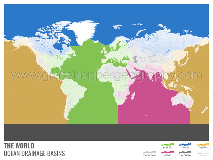 Le monde - Carte des bassins versants océaniques, blanche avec légende v2 - Tirage d'art avec cintre