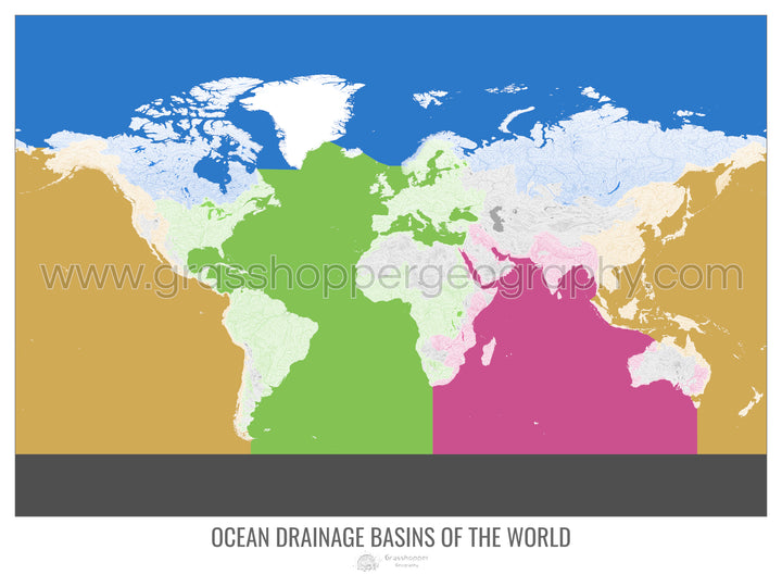 Le monde - Carte des bassins hydrographiques océaniques, blanc v2 - Tirage d'art avec cintre