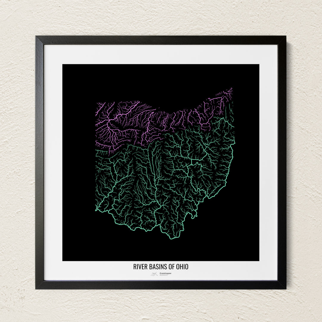 A colorful Grasshopper Geography river map on a light wall. The premium fine art poster is in a black frame with a white border. The name of the country, continent or region is printed under the image.