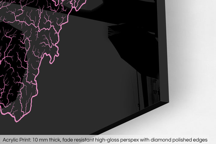 Closeup of an acrylic panel's corner, the details of a Grasshopper Geography map is visible. The text at the bottom reads: Acrylic print - 10 mm thick, fade reistant high-gloss perspex with diamond polished edges.