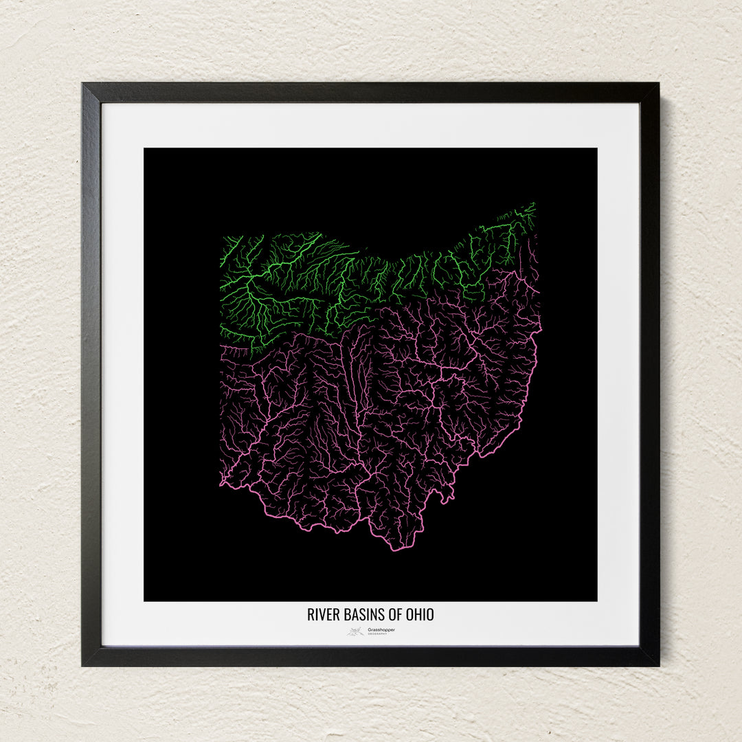 A colorful Grasshopper Geography river map on a light wall. The premium fine art poster is in a black frame with a white border. The name of the country, continent or region is printed under the image.