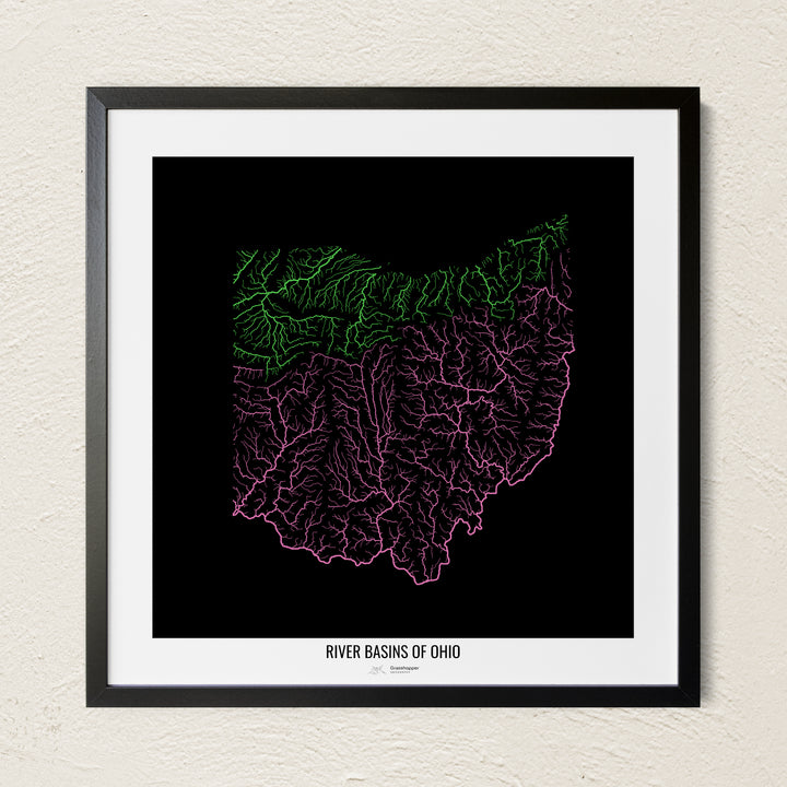 A colorful Grasshopper Geography river map on a light wall. The premium fine art poster is in a black frame with a white border. The name of the country, continent or region is printed under the image.