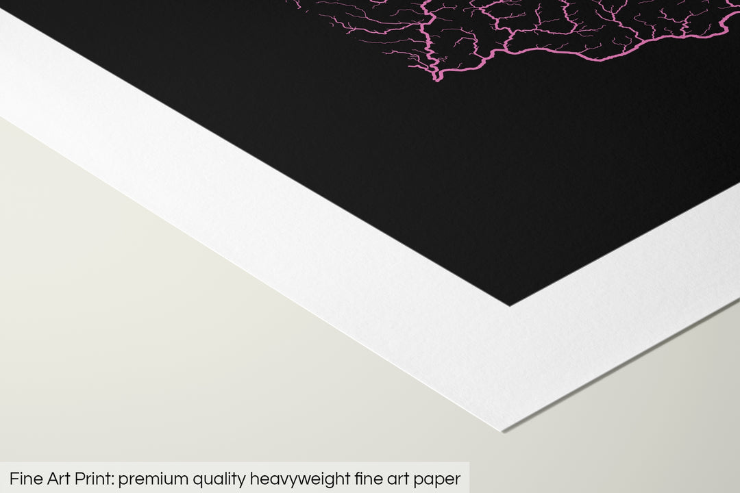 Closeup of a fine art print's corner lying on a flat surface, the details of a Grasshopper Geography map is visible. The text at the bottom reads: Fine art print - premium quality heavyweight fine art paper.