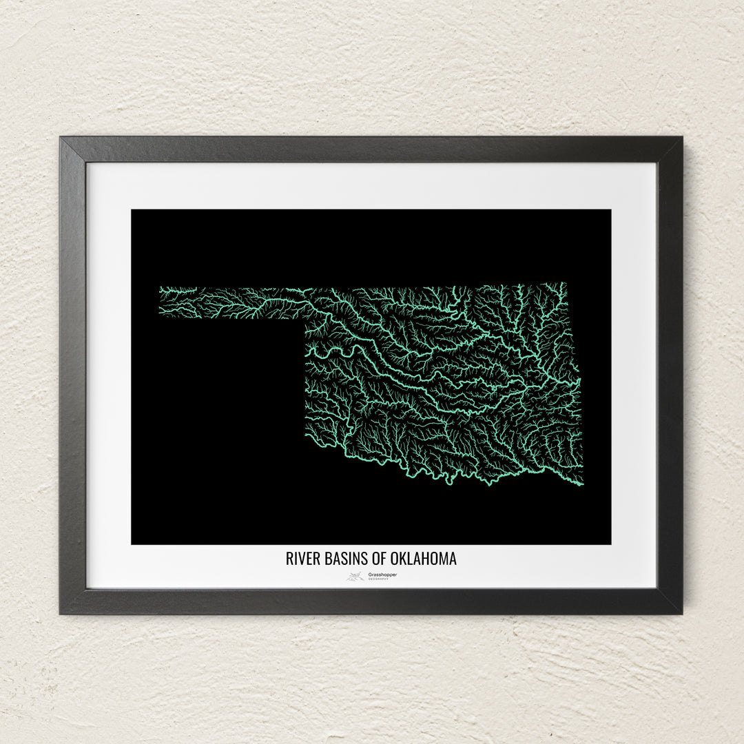 A colorful Grasshopper Geography river map on a light wall. The premium fine art poster is in a black frame with a white border. The name of the country, continent or region is printed under the image.