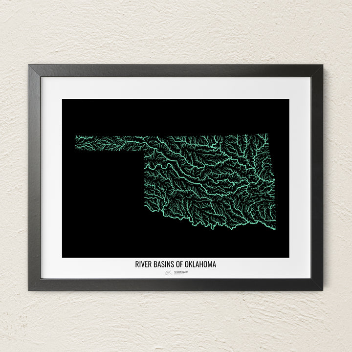 A colorful Grasshopper Geography river map on a light wall. The premium fine art poster is in a black frame with a white border. The name of the country, continent or region is printed under the image.