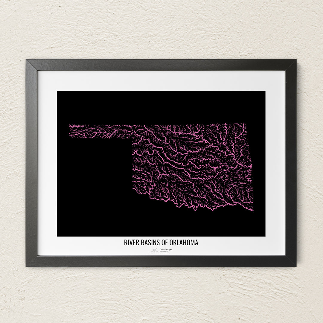 A colorful Grasshopper Geography river map on a light wall. The premium fine art poster is in a black frame with a white border. The name of the country, continent or region is printed under the image.